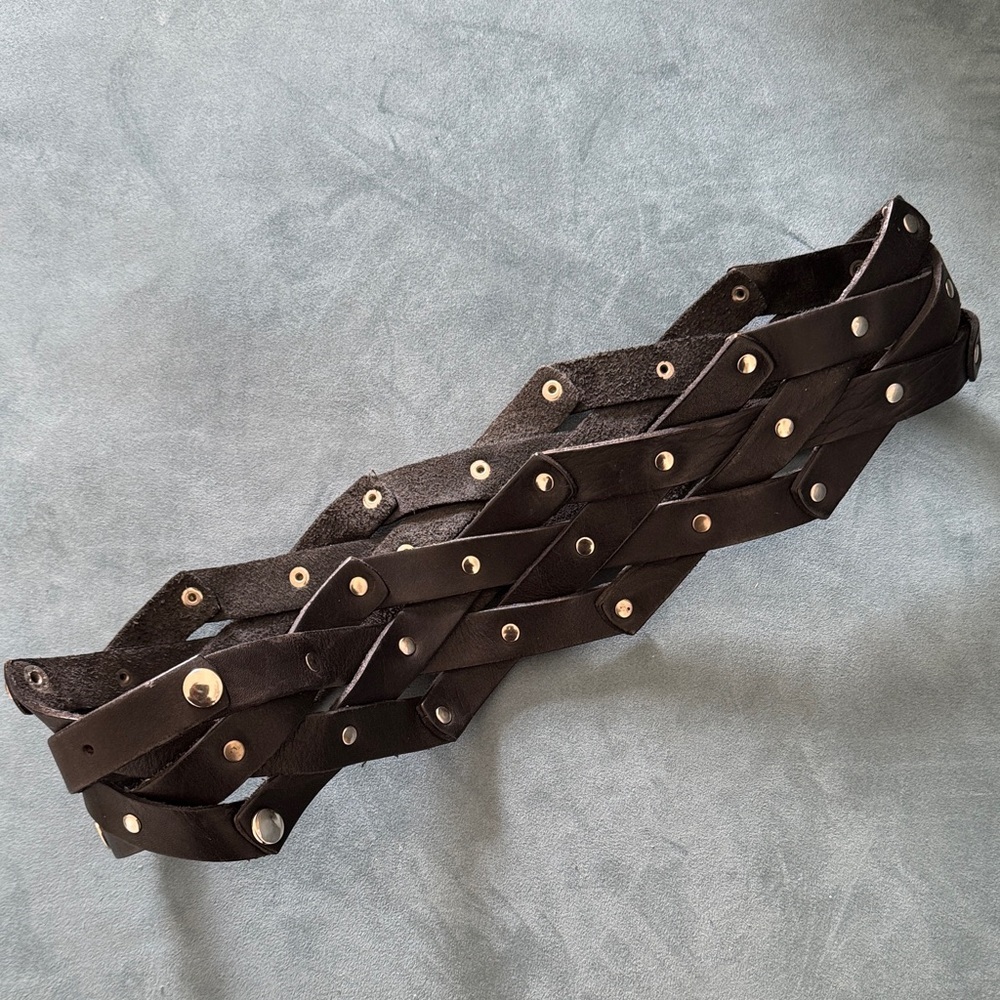Black Woven Leather Belt with Silver Studs